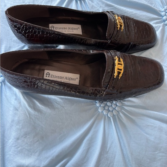 Etienne Aigner Dark Brown Croc-Embossed Leather Loafers with Gold Accent - Picture 3 of 8